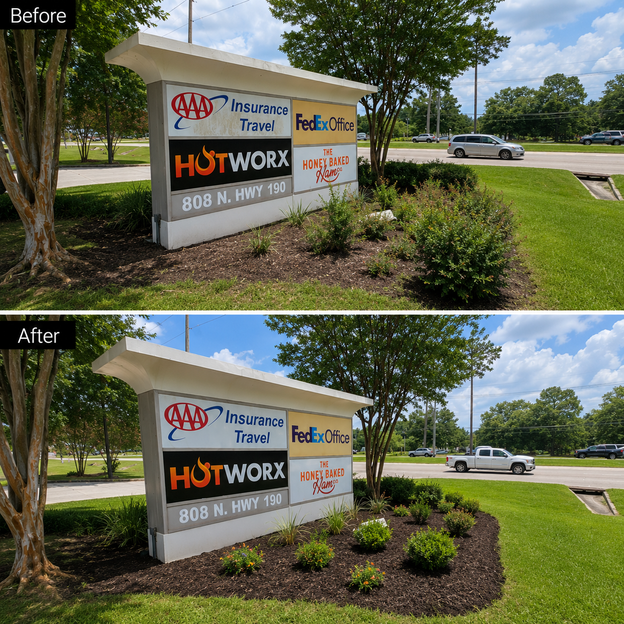 Commercial landscape and sign cleanup