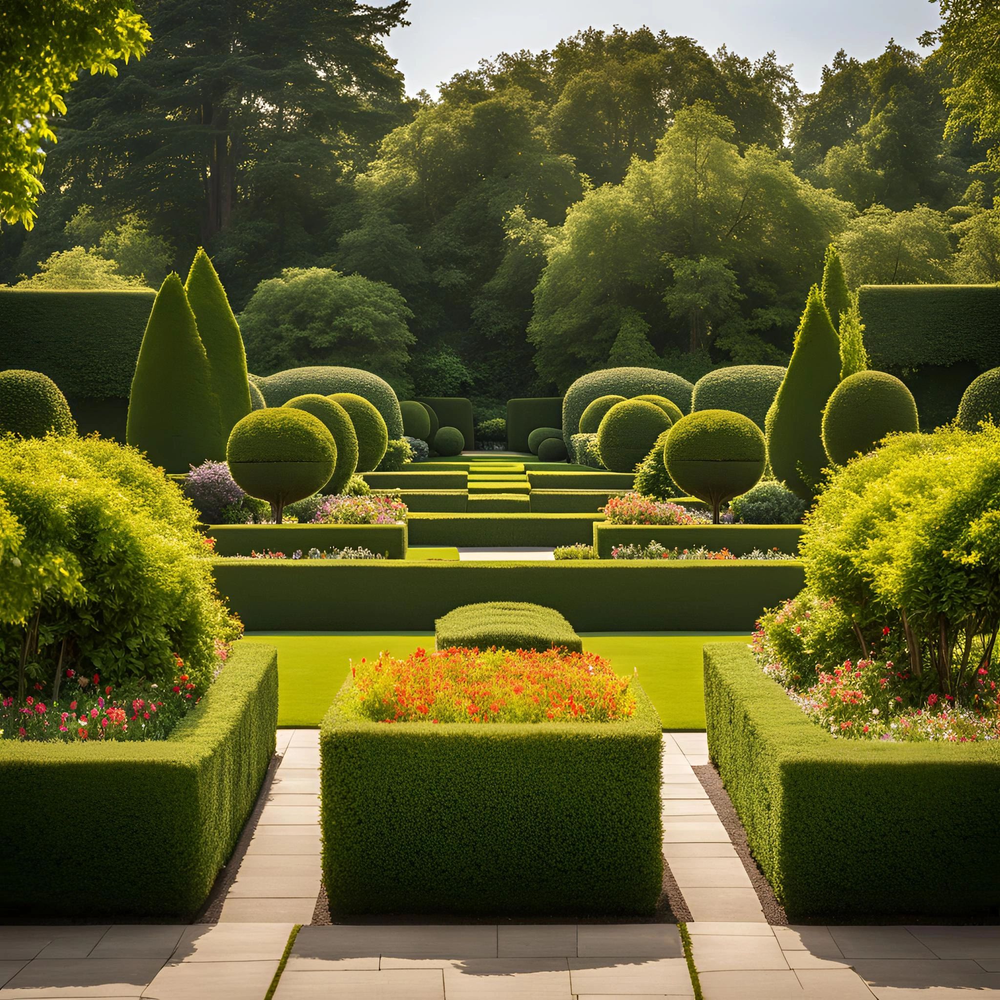 Formal manicured landscape with sculpted hedges and topiary